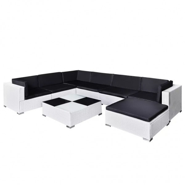 Set muebles de jardín 8 piezas y cojines ratán sintético blanco D