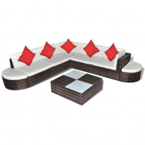 Set muebles de jardín 8 piezas y cojines ratán sintético marrón H