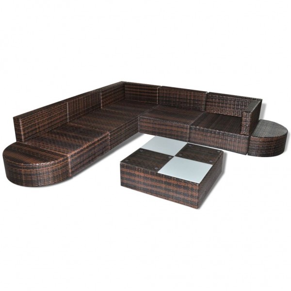 8 pcs conjunto lounge jardim c/ almofadões vime PE castanho M 4