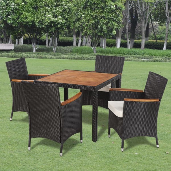 Set comedor de jardín 5 piezas y cojines ratán sintético negro D