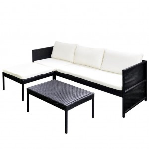 3 pcs conjunto lounge para jardim c/ almofadões vime PE preto H