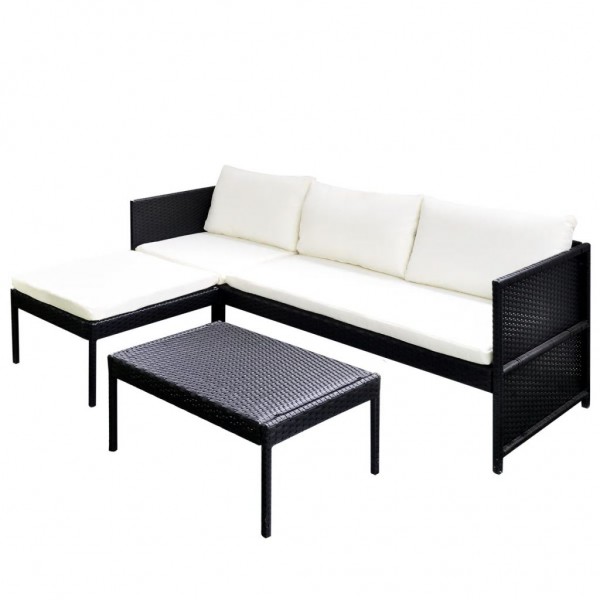 3 pcs conjunto lounge para jardim c/ almofadões vime PE preto M 2