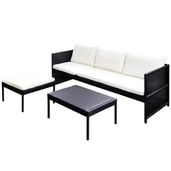 3 pcs conjunto lounge para jardim c/ almofadões vime PE preto M 4