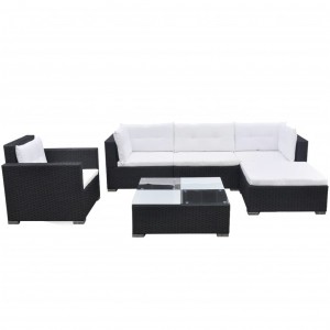 6 pcs conjunto lounge de jardim c/ almofadões vime PE preto H