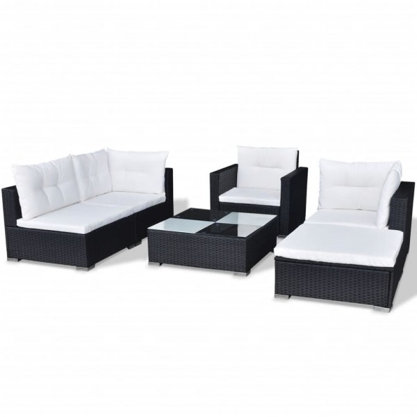 6 pcs conjunto lounge de jardim c/ almofadões vime PE preto M 5
