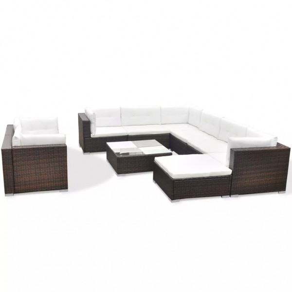 10 pcs conjunto lounge jardim c/ almofadões vime PE castanho D