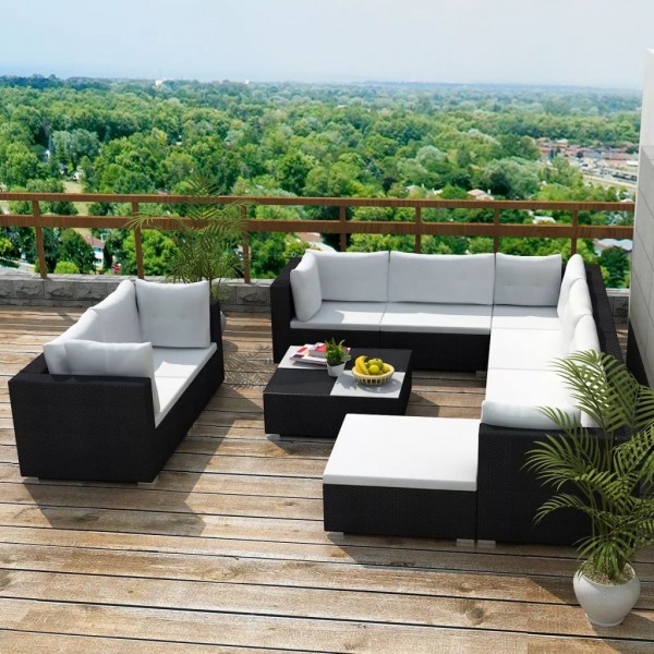 Set muebles de jardín 10 piezas y cojines ratán sintético negro M 5