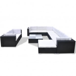 Set muebles de jardín 10 piezas y cojines ratán sintético negro H