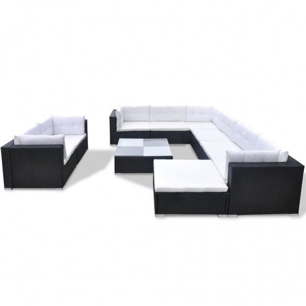 Set muebles de jardín 10 piezas y cojines ratán sintético negro M 2