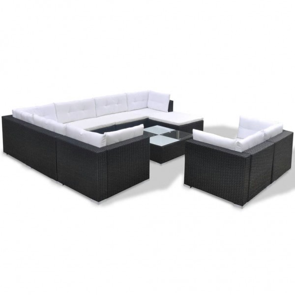 Set muebles de jardín 10 piezas y cojines ratán sintético negro M 3