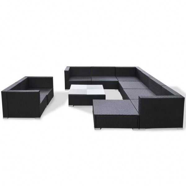 10 pcs conjunto lounge de jardim c/ almofadões vime PE preto M 4