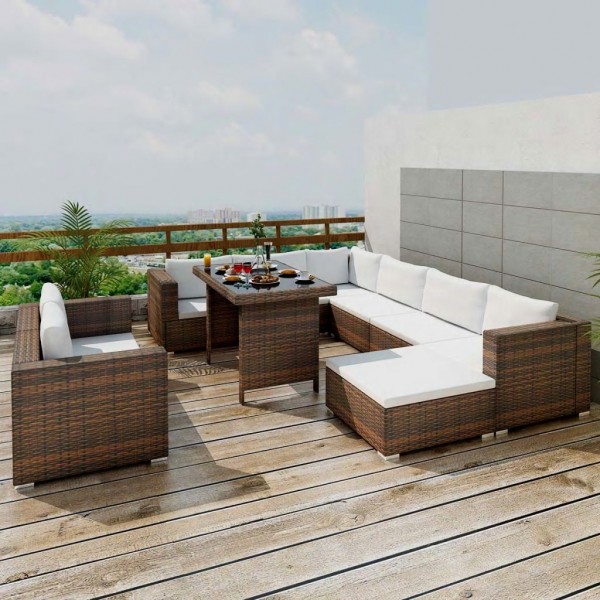 Set muebles de jardín 10 pzas y cojines ratán sintético marrón M 5