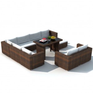 10 pcs conjunto lounge jardim c/ almofadões vime PE castanho H