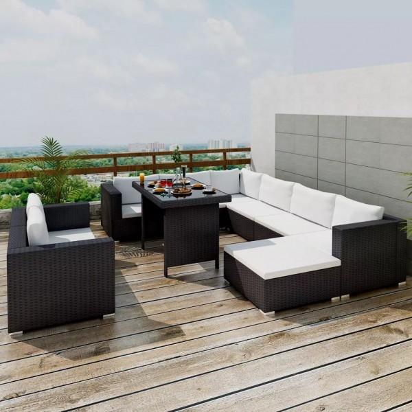 Set muebles de jardín 10 piezas y cojines ratán sintético negro D