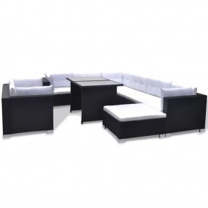 Set muebles de jardín 10 piezas y cojines ratán sintético negro H