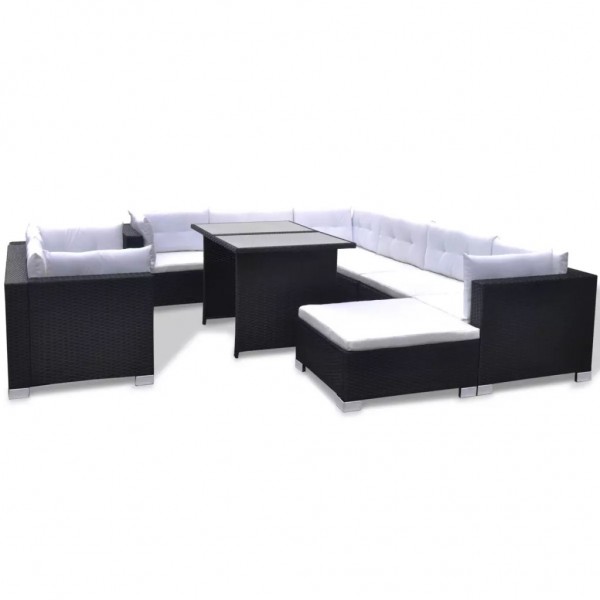 10 pcs conjunto lounge de jardim c/ almofadões vime PE preto M 2