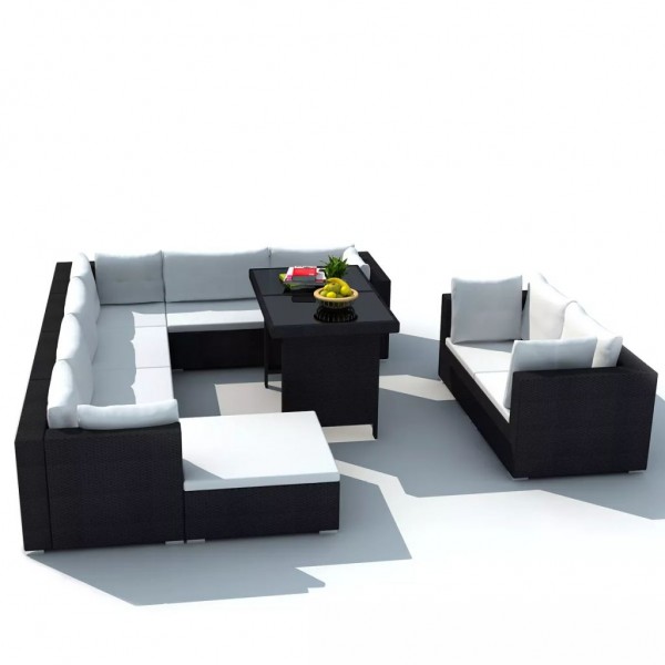 Set muebles de jardín 10 piezas y cojines ratán sintético negro M 3