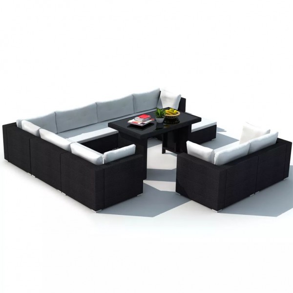 10 pcs conjunto lounge de jardim c/ almofadões vime PE preto M 4