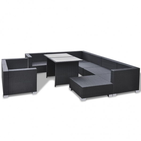 10 pcs conjunto lounge de jardim c/ almofadões vime PE preto M 5
