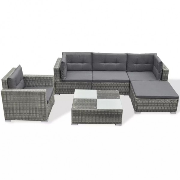 6 pcs conjunto lounge de jardim c/ almofadões vime PE cinzento M 2