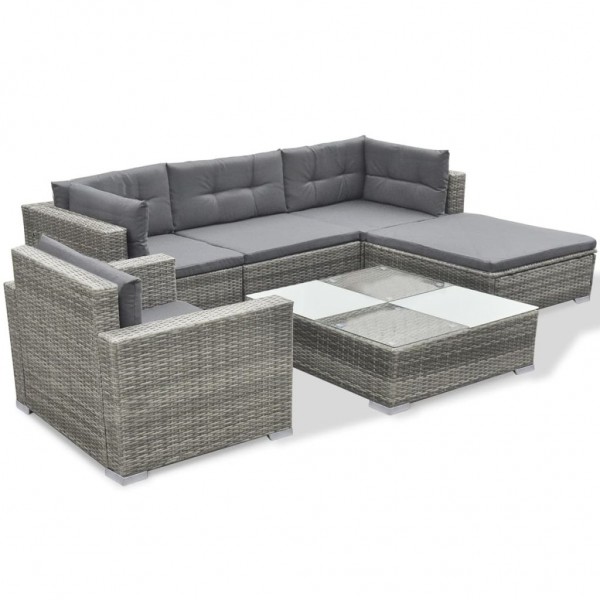 6 pcs conjunto lounge de jardim c/ almofadões vime PE cinzento D