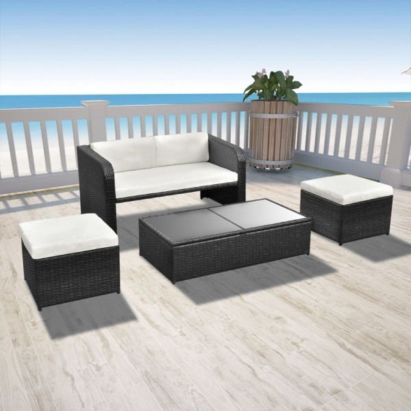 4 pcs conjunto lounge de jardim c/ almofadões vime PE preto D