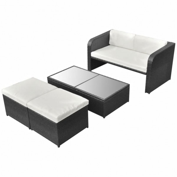 4 pcs conjunto lounge de jardim c/ almofadões vime PE preto M 3