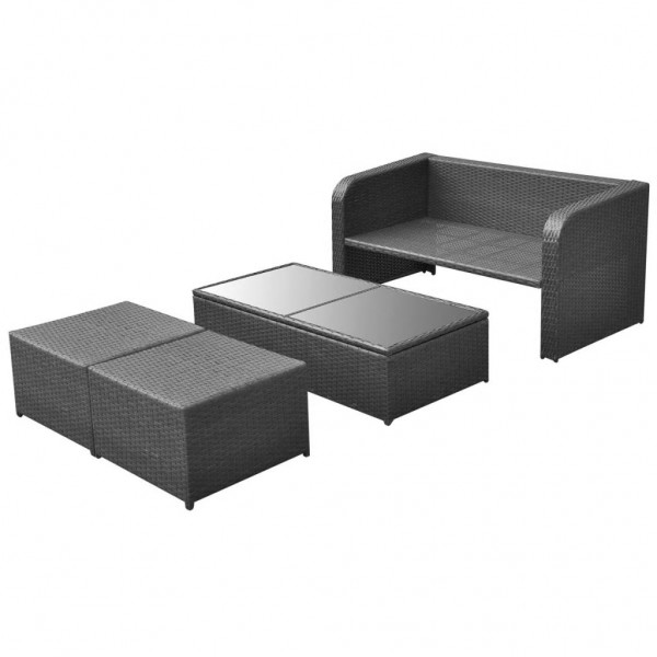 4 pcs conjunto lounge de jardim c/ almofadões vime PE preto M 4