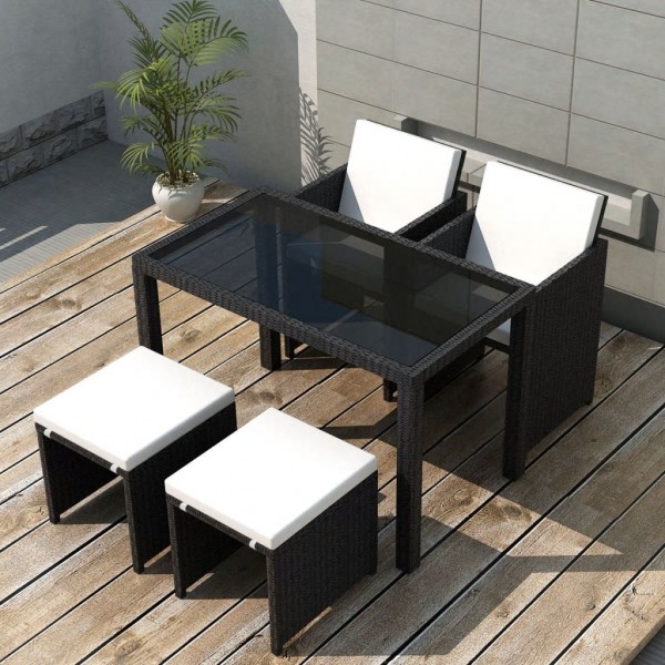 Set comedor de jardín 5 piezas y cojines ratán sintético negro M 3