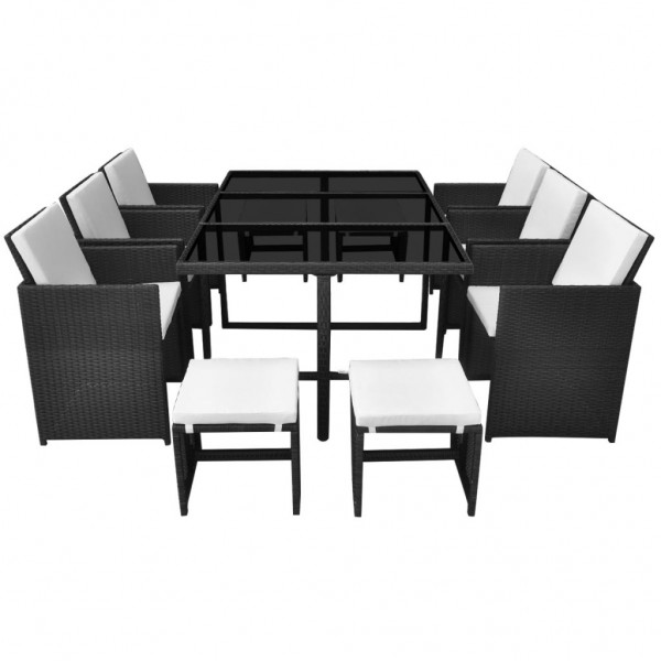 11 pcs conjunto jantar exterior com almofadões vime PE preto M 2