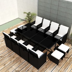Set comedor de jardín 13 piezas y cojines ratán sintético negro H
