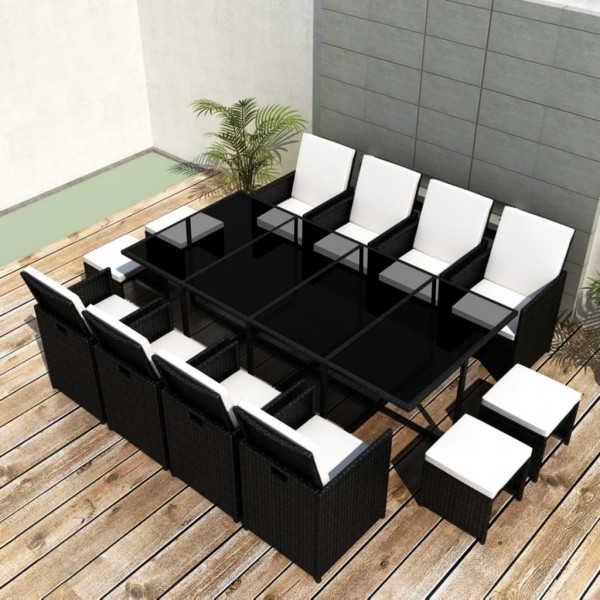 Set comedor de jardín 13 piezas y cojines ratán sintético negro M 2