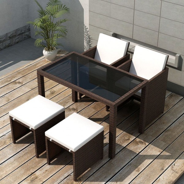 5 pcs conjunto de jantar exterior c/ almofadões vime castanho D