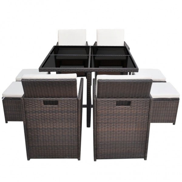 Set comedor de jardín 9 piezas y cojines ratán sintético marrón M 3