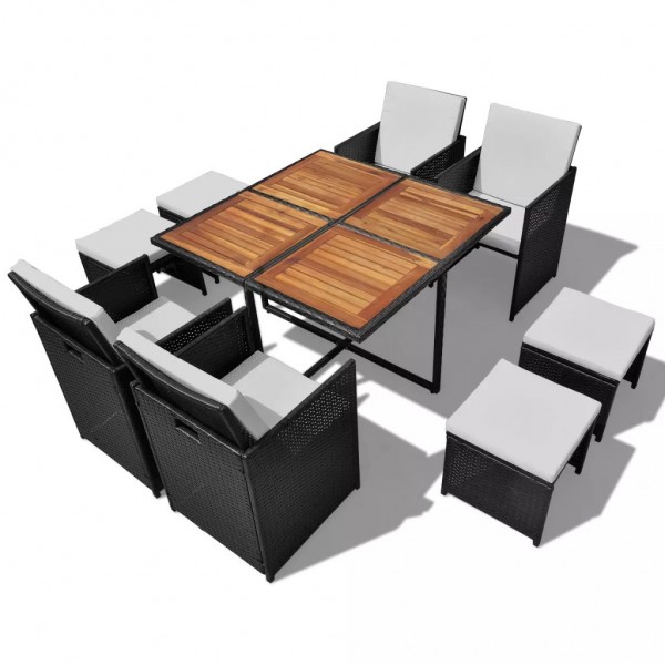 Set comedor de jardín 9 pzas ratán sintético y madera negro D