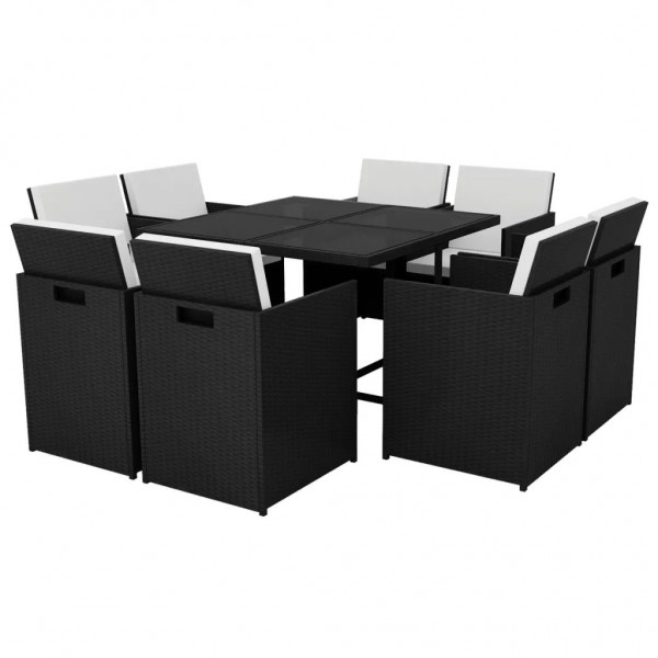 Set comedor de jardín 9 piezas y cojines ratán sintético negro M 2