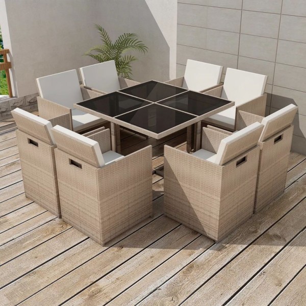 Set comedor de jardín 9 piezas y cojines ratán sintético beige M 5