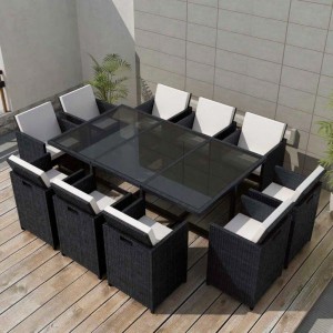 Set comedor de jardín 11 piezas y cojines ratán sintético negro H