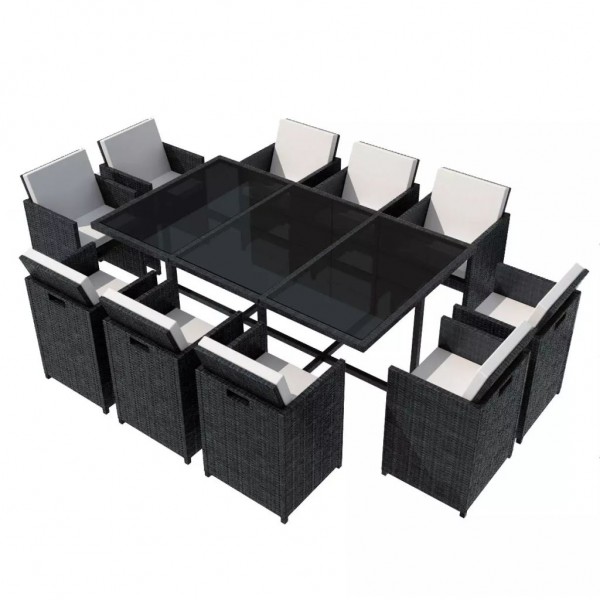 11 pcs conjunto jantar exterior com almofadões vime PE preto D