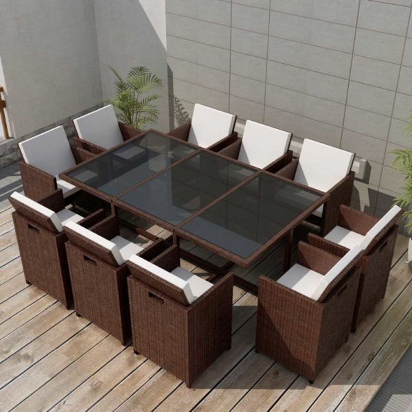 Set comedor de jardín 11 pzas y cojines ratán sintético marrón M 4