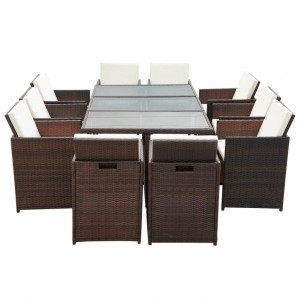 Set comedor de jardín 11 pzas y cojines ratán sintético marrón H