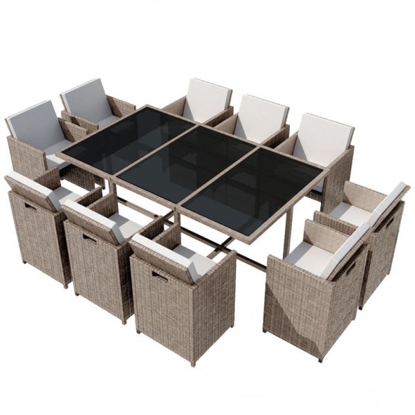 11 pcs conjunto jantar exterior com almofadões vime PE bege D