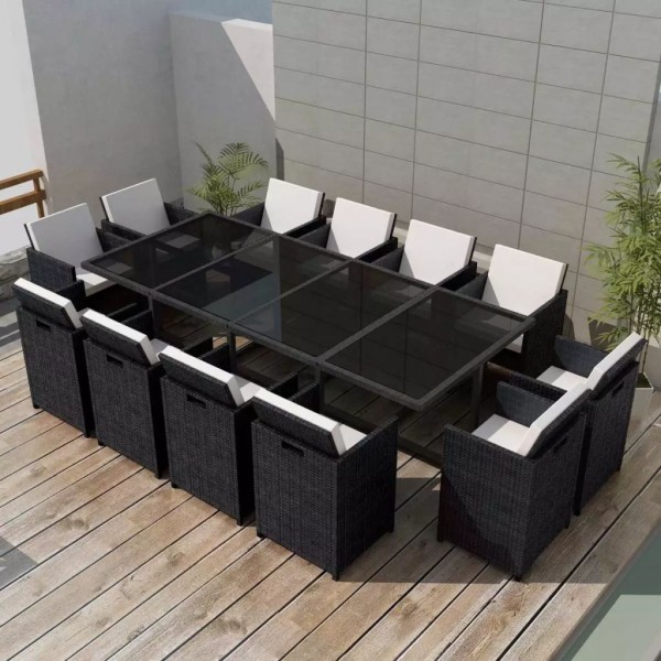 13 pcs conjunto jantar exterior com almofadões vime PE preto M 3