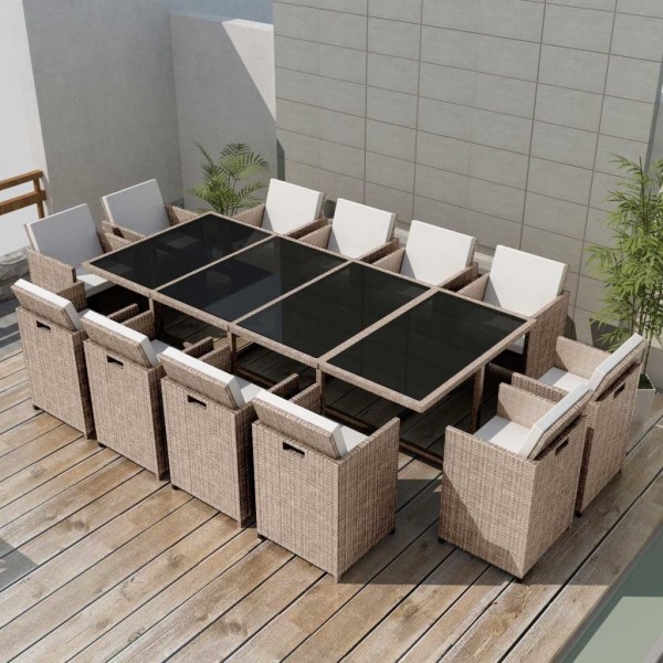 Set comedor de jardín 13 piezas y cojines ratán sintético beige D
