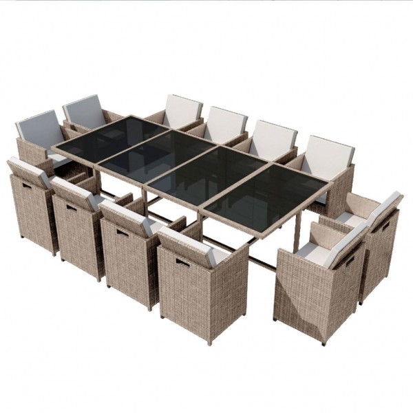 Set comedor de jardín 13 piezas y cojines ratán sintético beige M 2