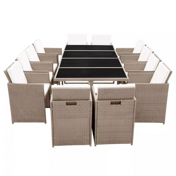 13 pcs conjunto jantar exterior com almofadões vime PE bege M 4