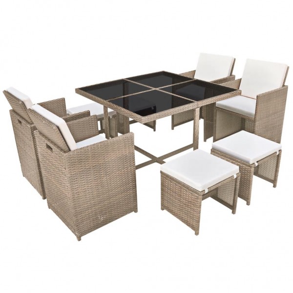 Set comedor de jardín 9 piezas y cojines ratán sintético beige D