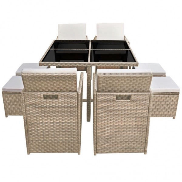 Set comedor de jardín 9 piezas y cojines ratán sintético beige M 2