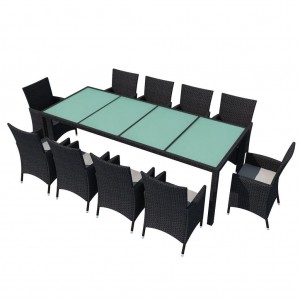 11 pcs conjunto jantar exterior com almofadões vime PE preto H