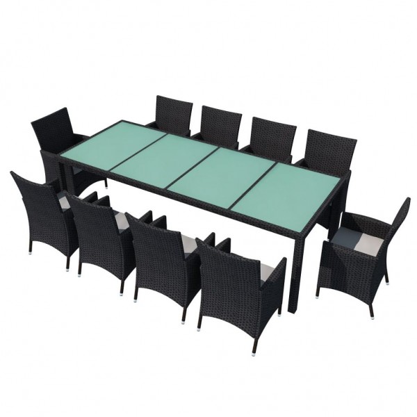 11 pcs conjunto jantar exterior com almofadões vime PE preto M 2